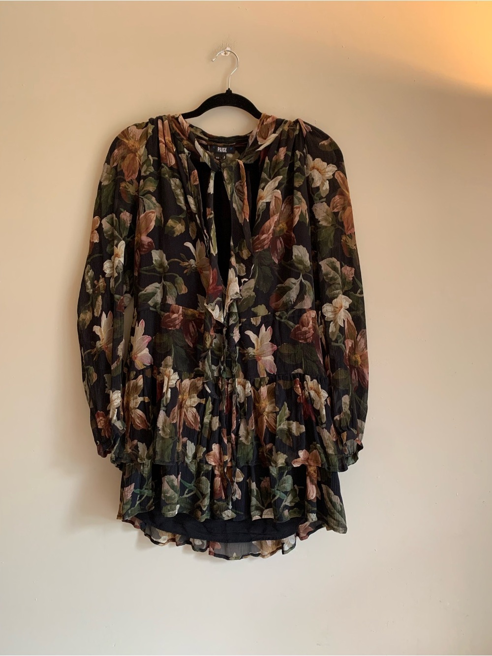 PAIGE Black Floral Tie-Neck Peasant Dress Women Size XS Long Sleeve Clothing